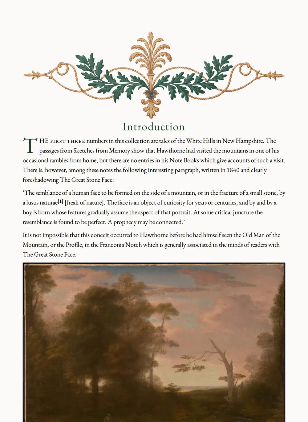 A page of The Great Stone Face, and Other Tales of the White Mountains as set for this edition